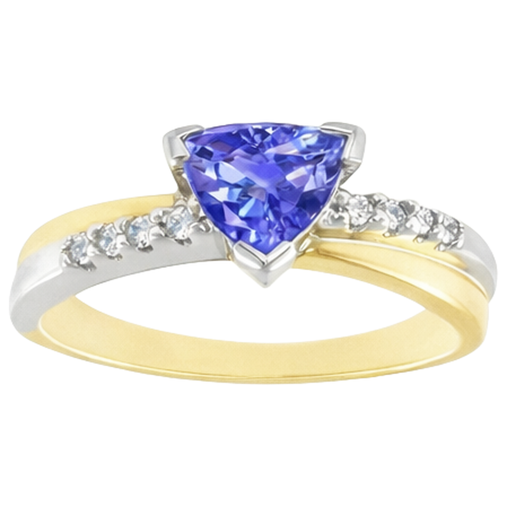 Two Tone Gold Trillion AAA Tanzanite & Round Natural Earth Mined Diamond ( Not Lab Grown ) s Ring 2.60 Carat