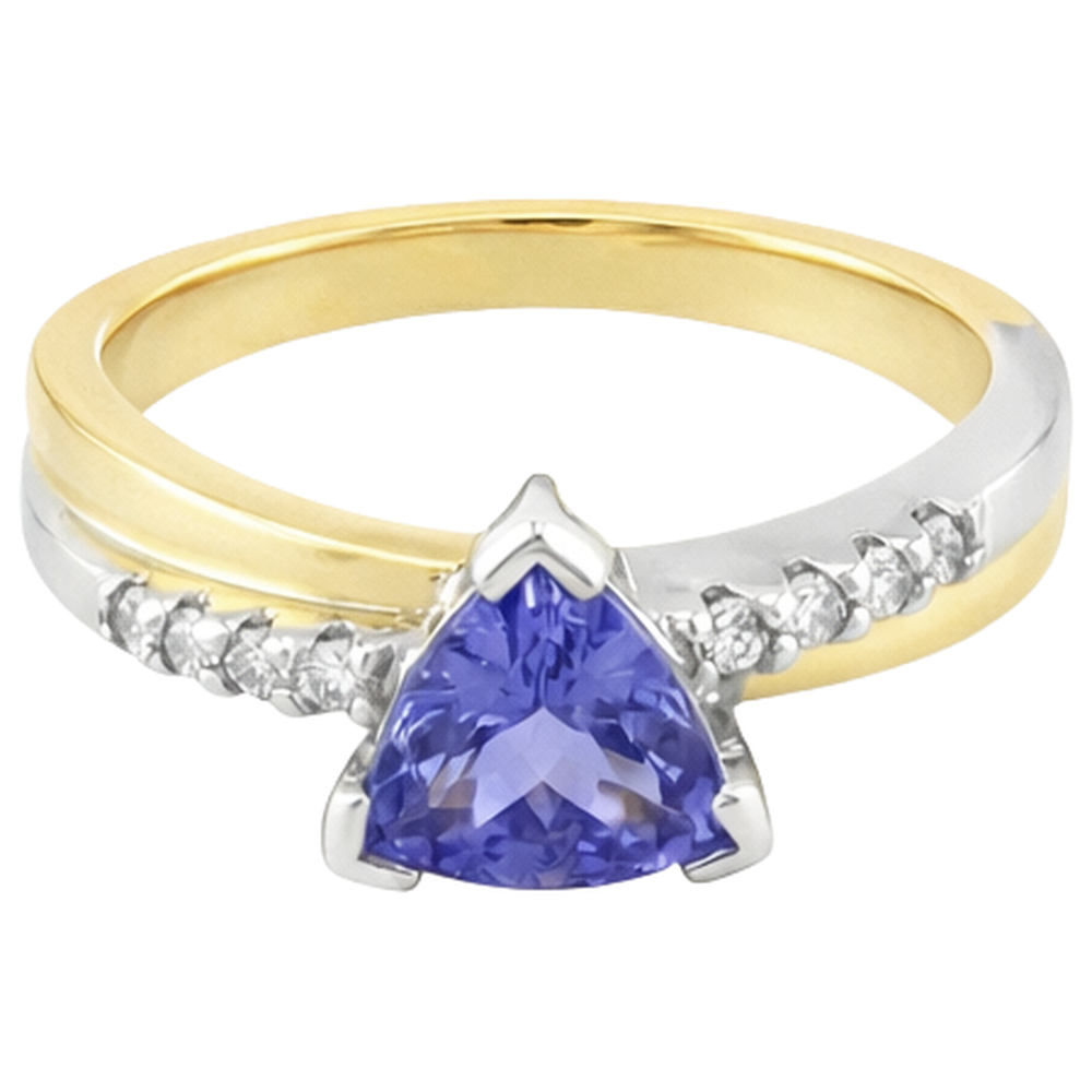 Two Tone Gold Trillion AAA Tanzanite & Round Natural Earth Mined Diamond ( Not Lab Grown ) s Ring 2.60 Carat
