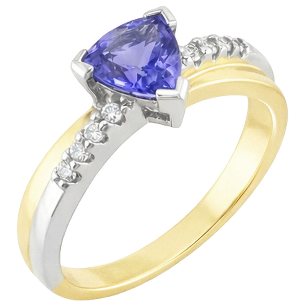 Two Tone Gold Trillion AAA Tanzanite & Round Natural Earth Mined Diamond ( Not Lab Grown ) s Ring 2.60 Carat