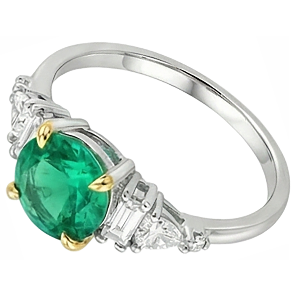 Fine Emerald Round Brilliant Gemstone Ring in Two-Tone 14K Gold – angle view