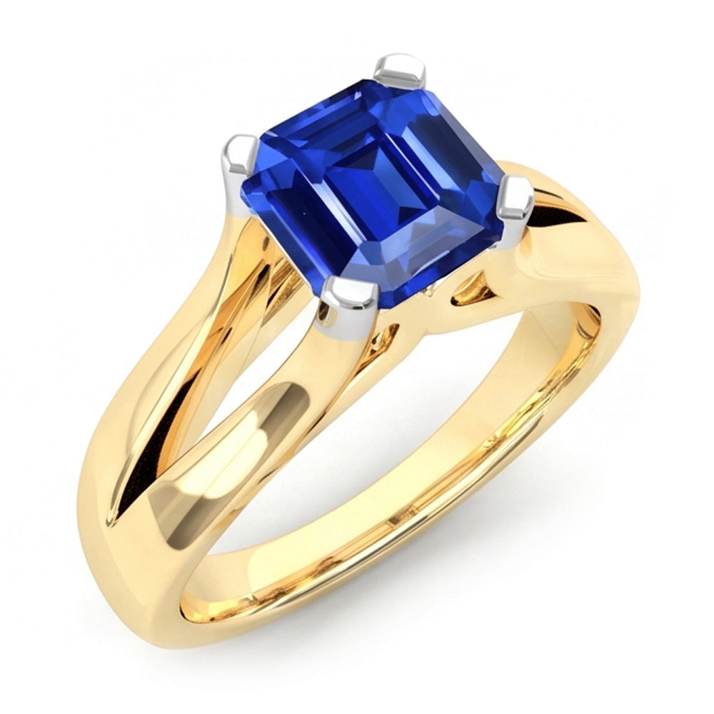 Two Tone Solitaire Emerald Blue Sapphire Ring 2.50 Carats Split Shank