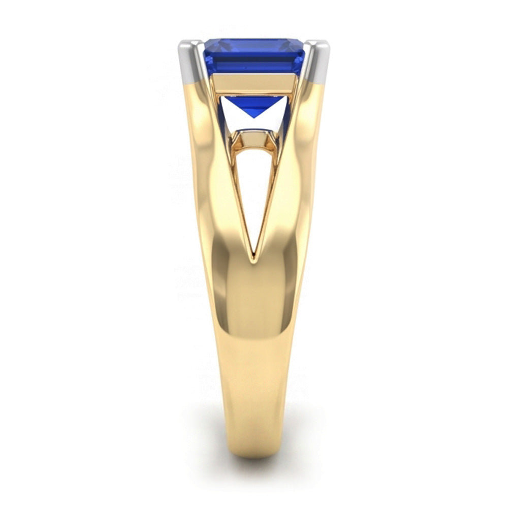 Two Tone Solitaire Emerald Blue Sapphire Ring 2.50 Carats Split Shank