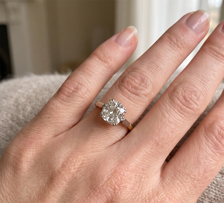 Two Tone Solitaire Engagement Ring Old Cut Cushion Natural Earth Mined Diamond ( Not Lab Grown ) 3 Carats