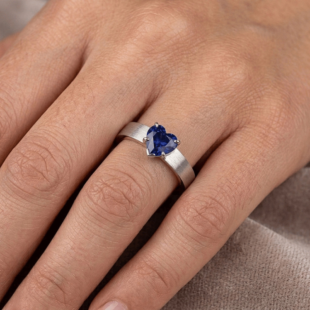Two Tone Solitaire Heart Deep Blue Sapphire Ring 1.50 Carats