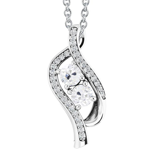 Two Stone Style Round Old Mine Cut Real Diamond Pendant 3.50 Carats