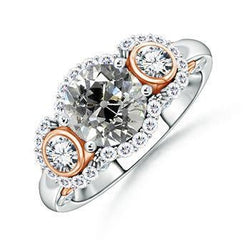 Two Tone 3 Stone Halo Real Diamond Old Mine Cut Ring 3.25 Carats