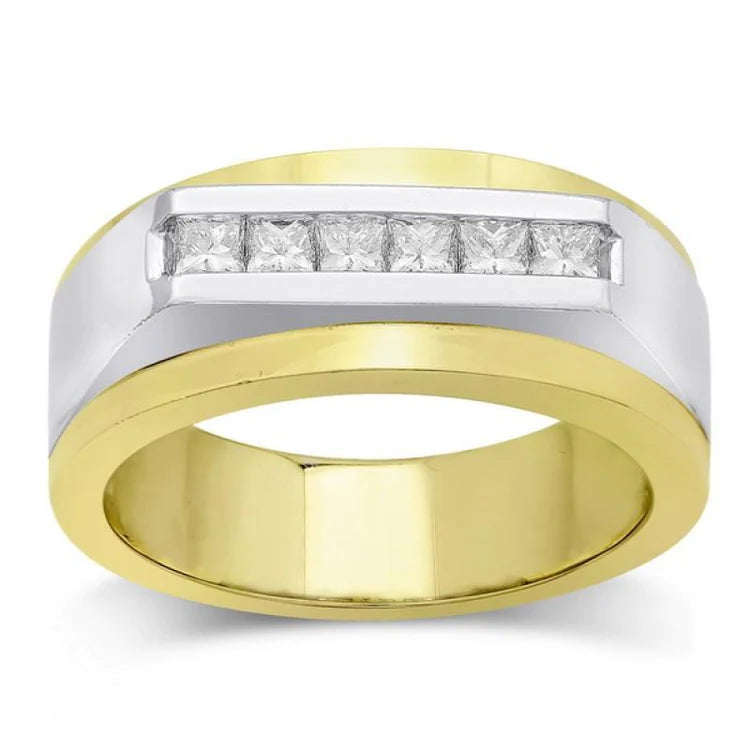 Two Tone Gold 14K Men Ring Band Princess Real Diamond 0.72 Carats