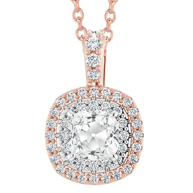 Two Tone Halo Natural Diamond Pendant Cushion Old Miner Prong Set 6.50 Carats