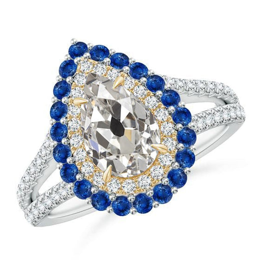 Two Tone Halo Real Diamond Ring Pear Old Cut With Blue Sapphires 5 Carats - Engagement Ring-harrychadent.ca