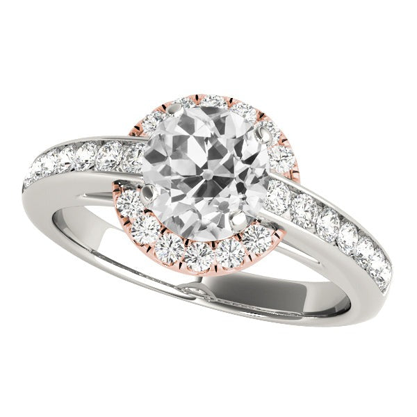 Two Tone Halo Ring Round Old Mine Cut Real Diamonds 4.50 Carats Channel Set