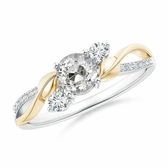 Two Tone Real Diamond Ring 1.60 Carats Round Old Mine Cut Leaf Style - Anniversary Ring-harrychadent.ca