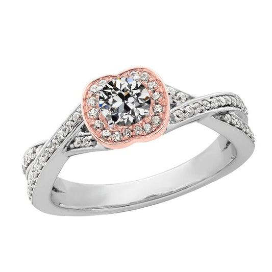 Two Tone Round Old Mine Cut Natural Diamond Ring Crossover Style 3.50 Carats