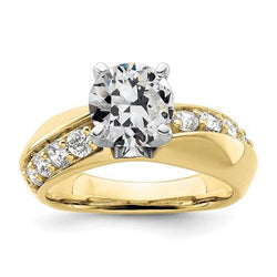 Two Tone Round Old Mine Cut Real Diamond Ring Prong Set 3 Carats Gold