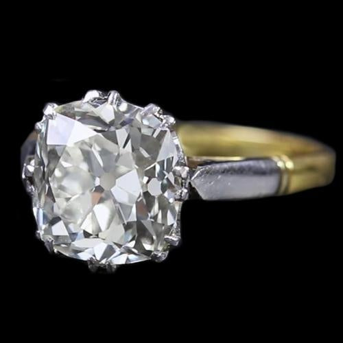 Two Tone Solitaire Engagement Ring Old Cut Cushion Natural Diamond 3 Carats