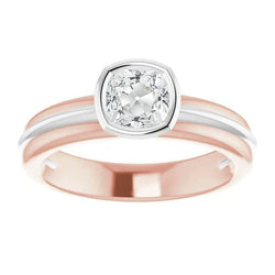 Two Tone Solitaire Ring Cushion Old Cut Real Natural Earth Mined Diamond Bezel Set 2.20 Carats