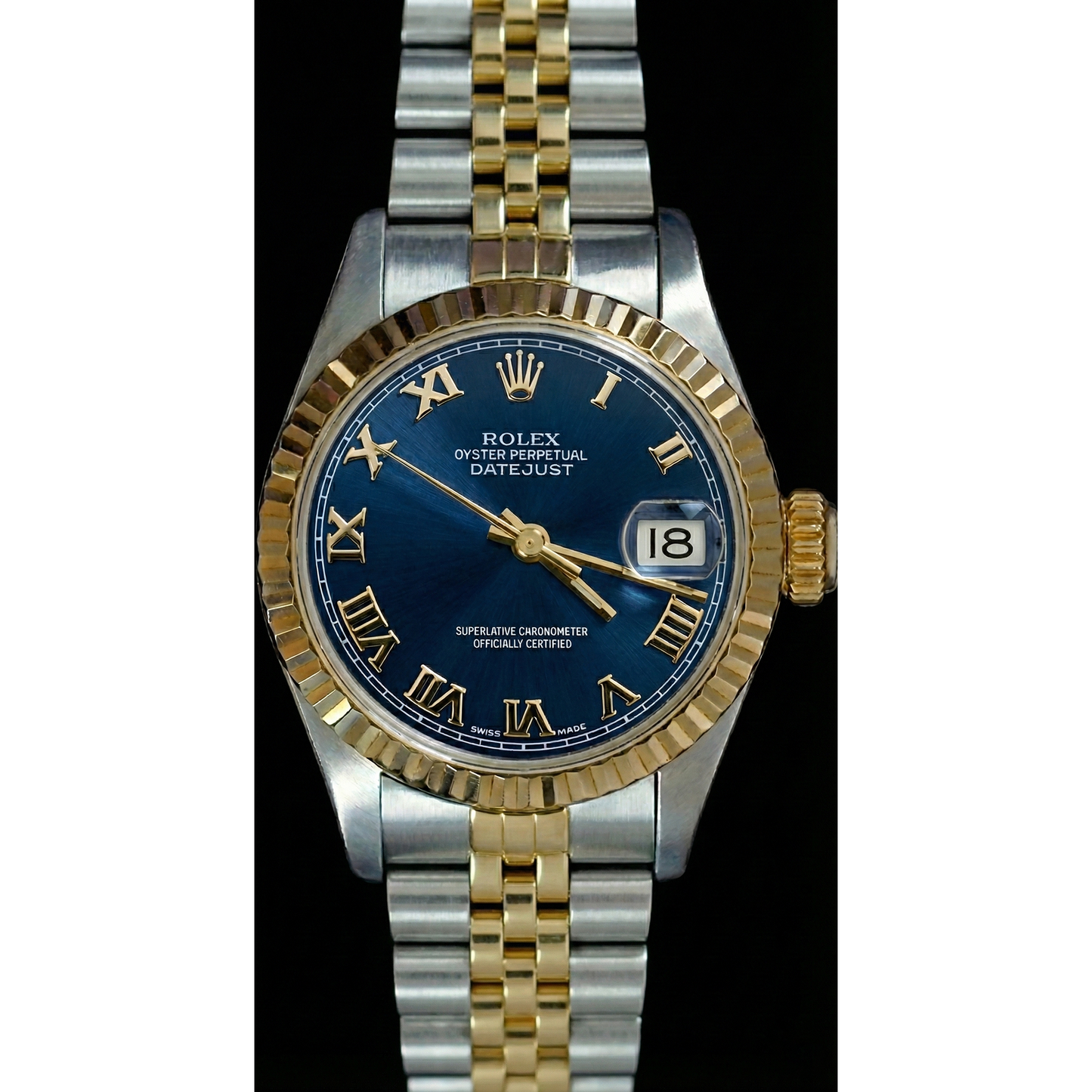 Two Tone Fluted Bezel Datejust Lady Watch Blue Roman Dial Rolex