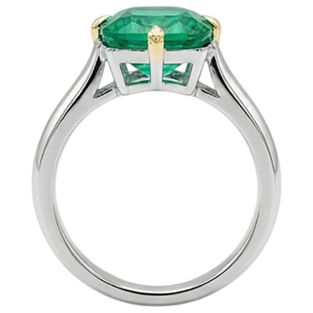 Cushion Cut Fine Emerald ring in 14 Karat Two Tone Gold – back view
