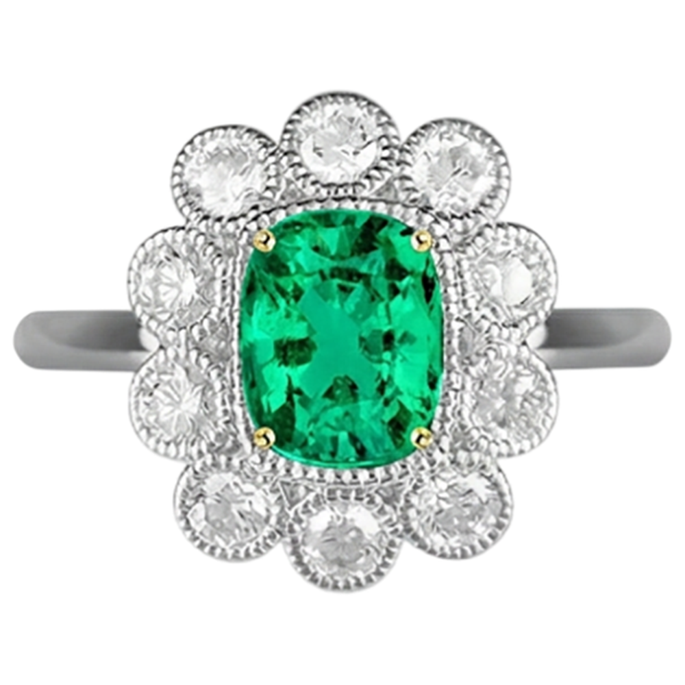 Emerald Cushion Cut Precious Stone Ring in 14K Two Tone Gold – front view