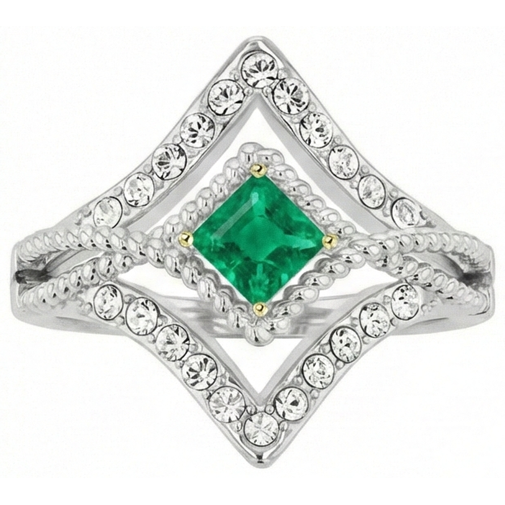 Precious Stone Ring 14K Two Tone Gold with Emerald – front view