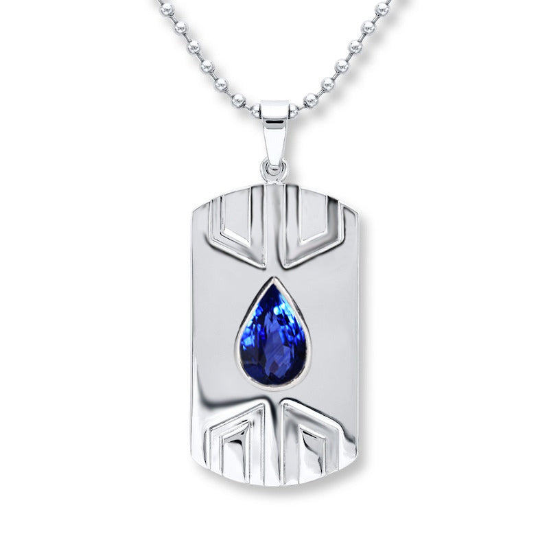 Unique Pear Blue Sapphire Pendant Dog Tag For Men