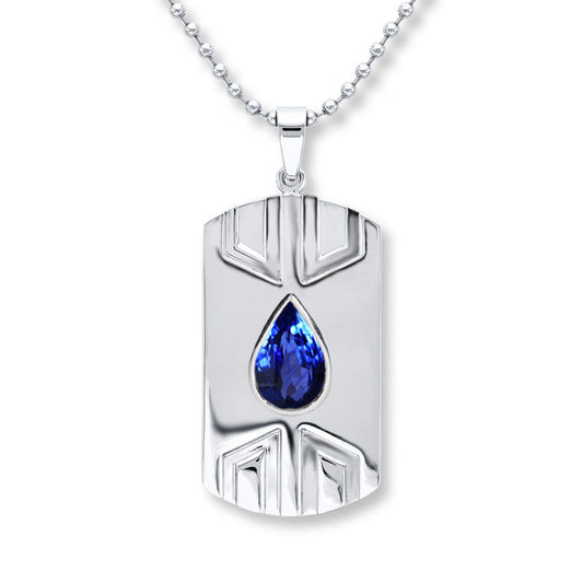 Unique Pear Blue Sapphire Pendant Dog Tag For Men