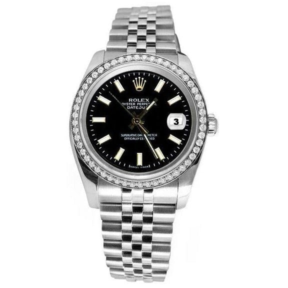 Rolex Date Just Black Stick Dial Diamond Bezel Ss