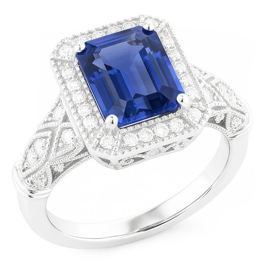 Vintage Look Art Deco Sapphire Natural Earth Mined Diamond ( Not Lab Grown ) Ring
