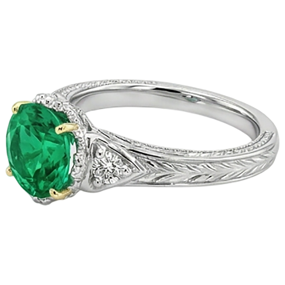 Fine Emerald Round Brilliant Gemstone Ring in 14K Two Tone Gold – profile view