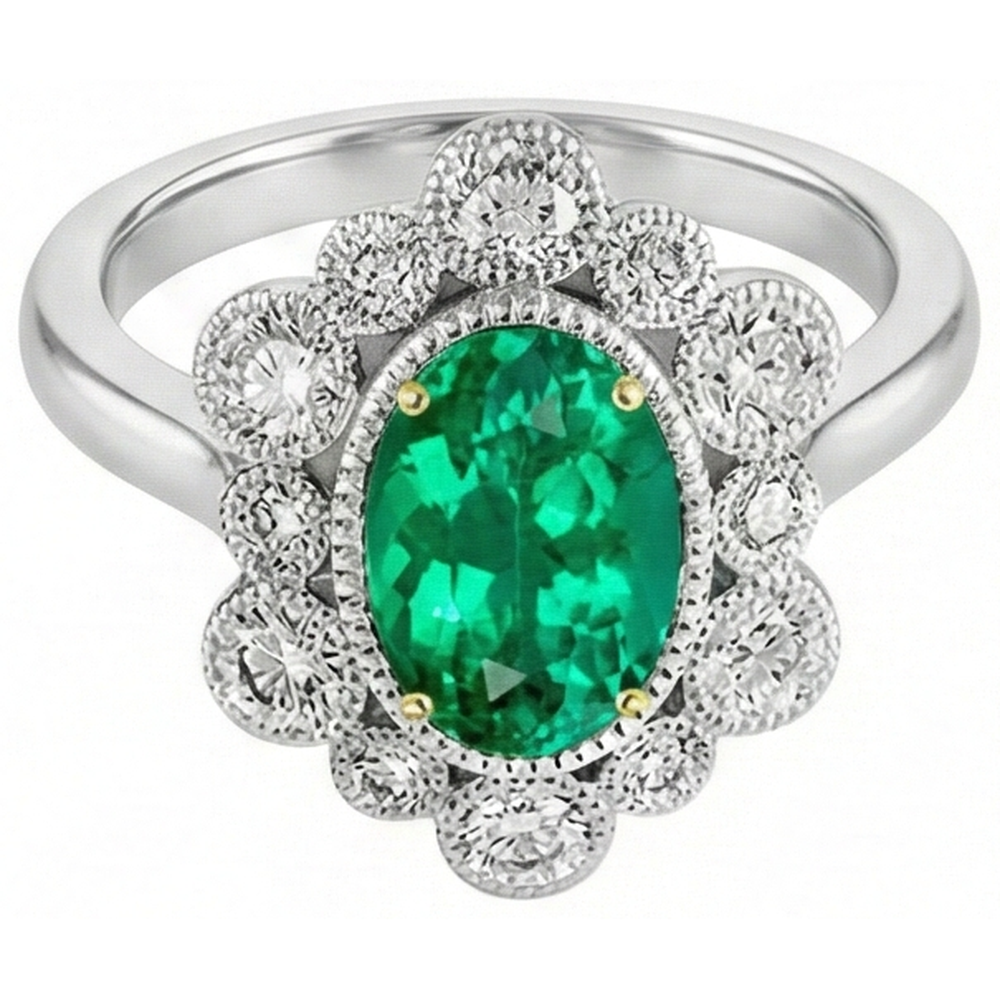 Emerald Oval Cut Precious Stone Ring in Two-Tone 14K Gold – front view