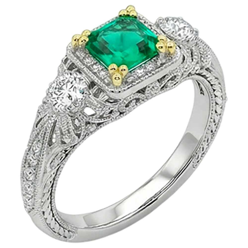 Fine Emerald Asscher Cut Precious Stone Ring in 14 Karat Two Tone Gold – front view