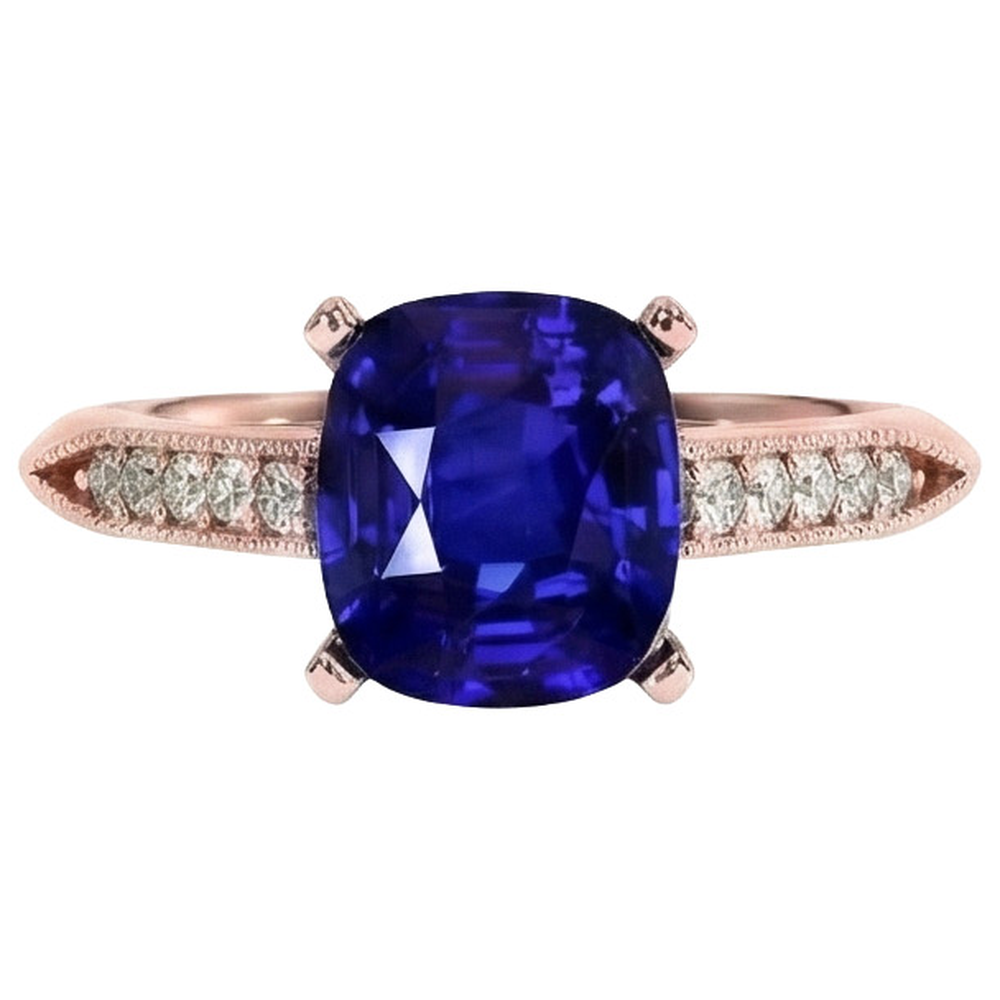Vintage Style Ceylon Cushion Sapphire Ring 5 Carats Accents Rose Gold