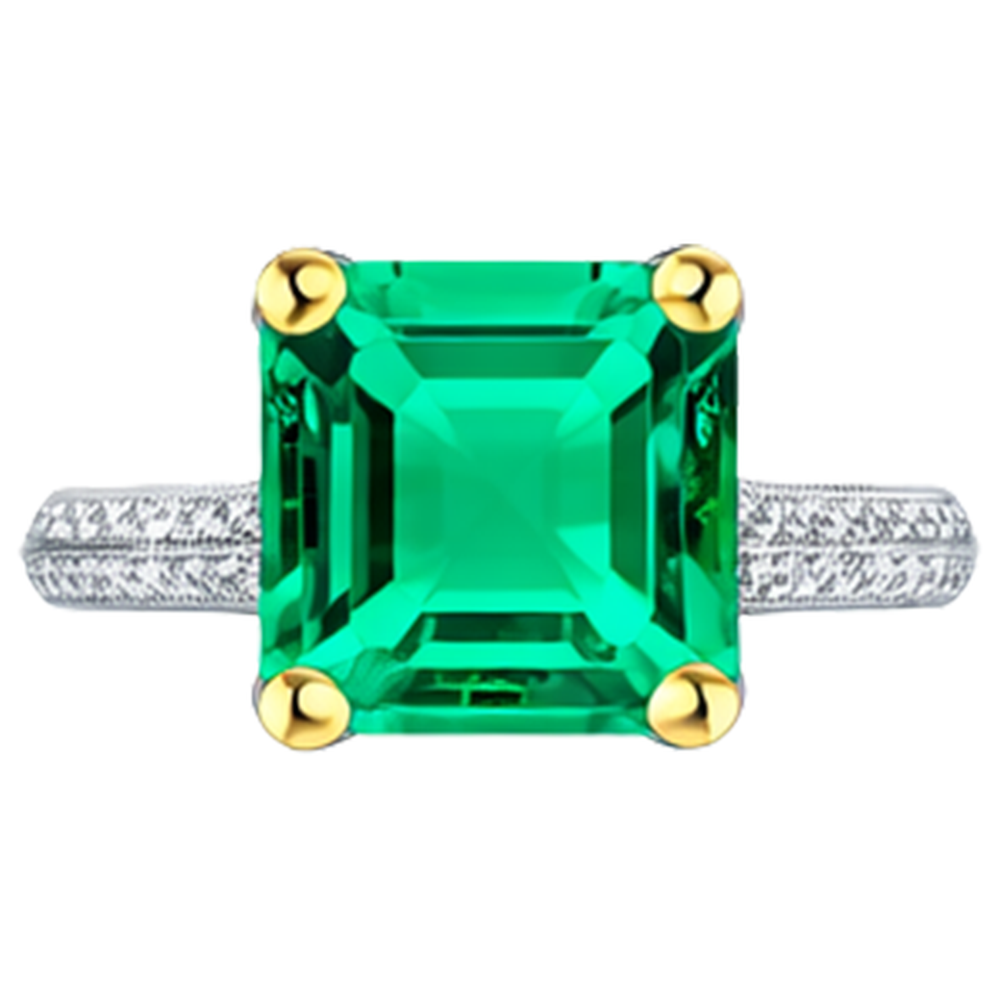 Colombian Emerald Step Cut Precious Stone Ring in 14K Two Tone Gold – angle view