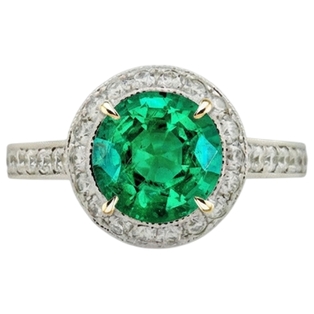 Emerald Round Cut Precious Stone Ring in Two-Tone 14K Gold – angle view