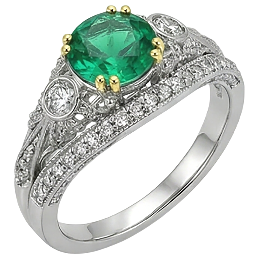 Fine Emerald Round Brilliant Precious Stone Ring in 14K Two Tone Gold – front view