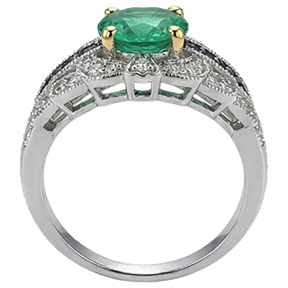 Round Cut Colombian Emerald ring in 14K – back view