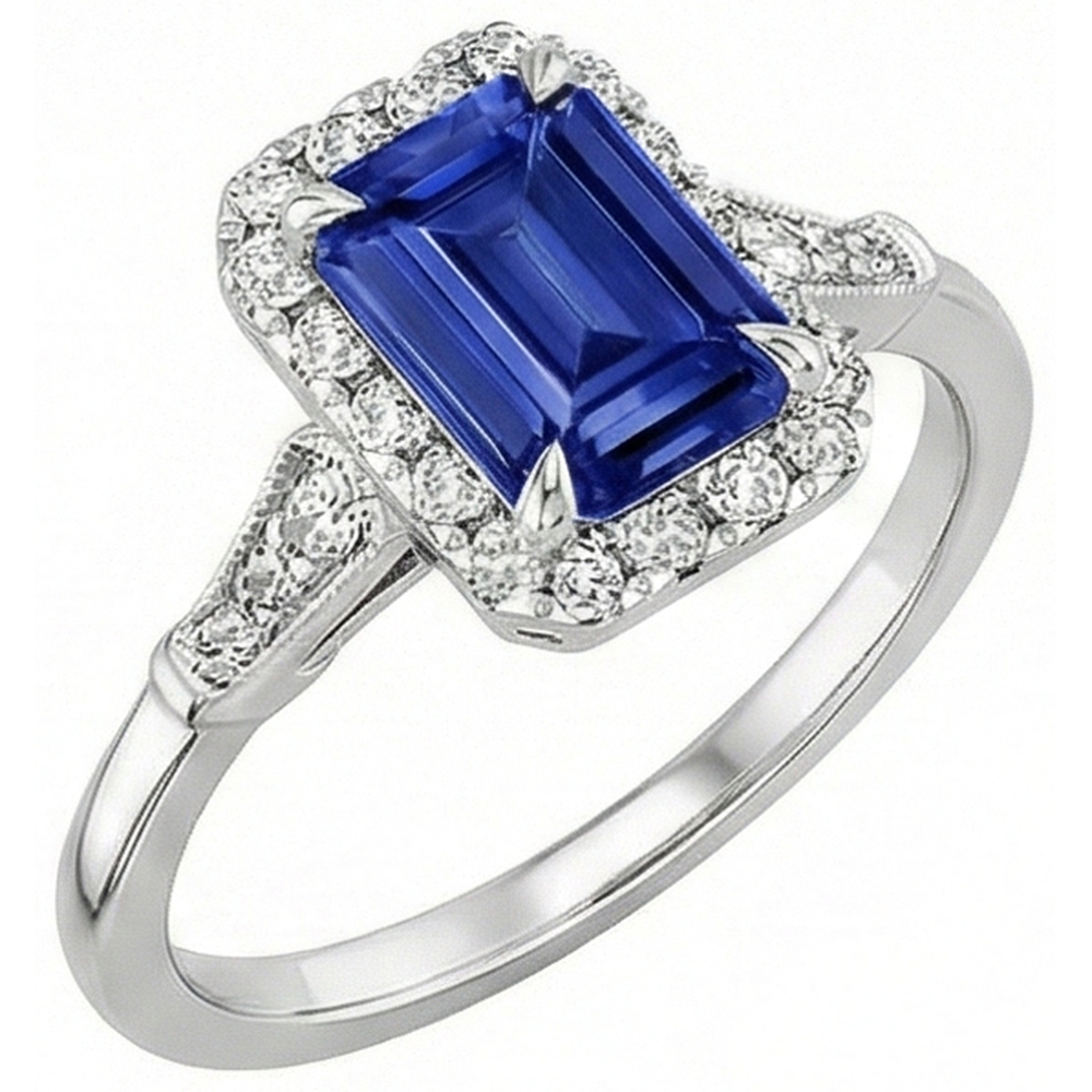 Vintage Style Halo Ring Emerald Ceylon Sapphire & Natural Earth Mined Diamond 4.25 Carats