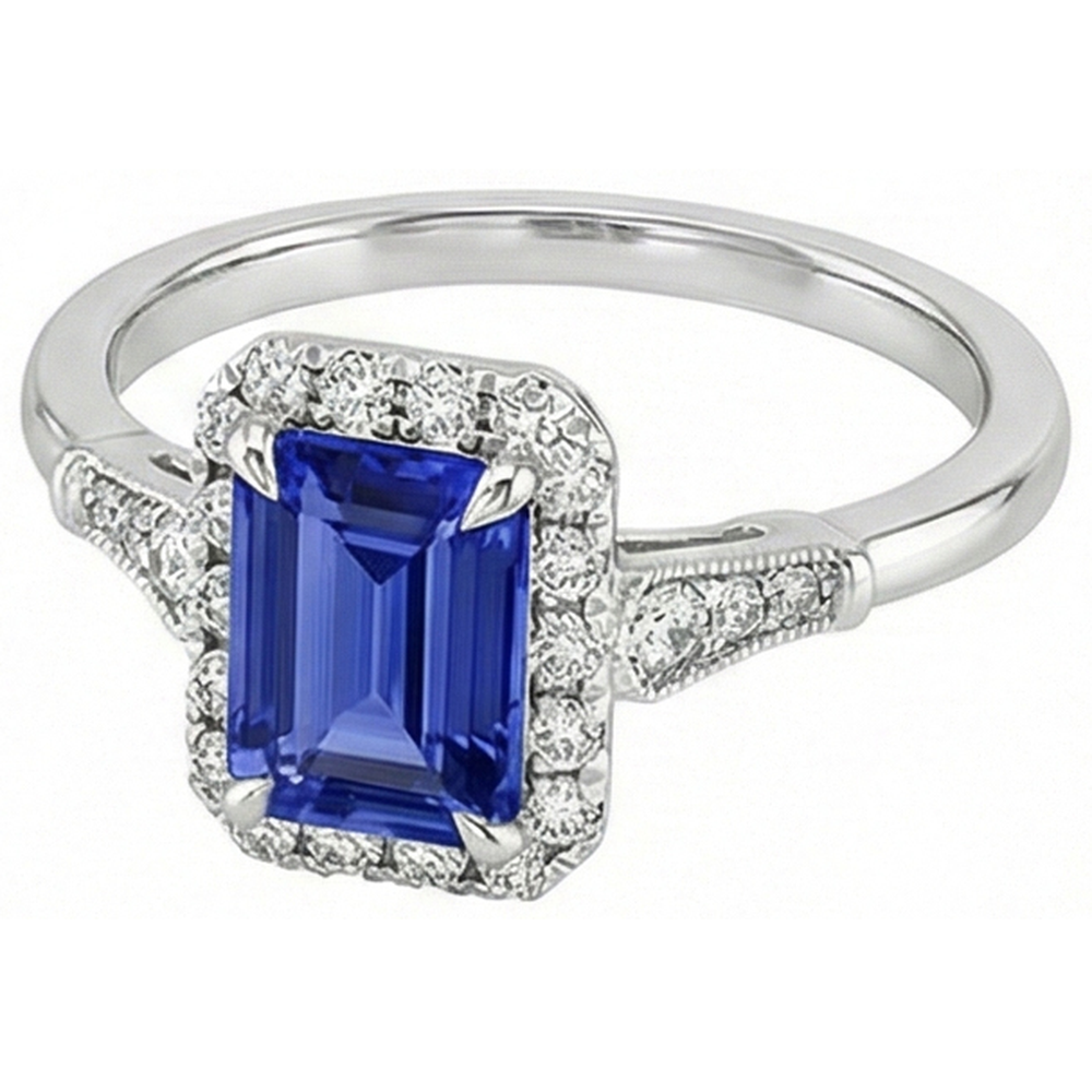 Vintage Style Halo Ring Emerald Ceylon Sapphire & Natural Earth Mined Diamond 4.25 Carats