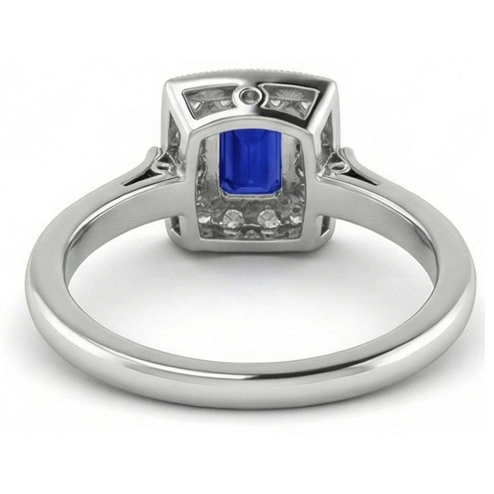 Vintage Style Halo Ring Emerald Shaped Sapphire 2 Carats Gold Milgrain