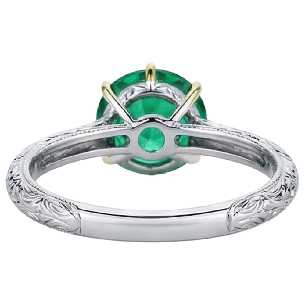 Round Cut Colombian Emerald ring in 14K Two Tone Gold – back view