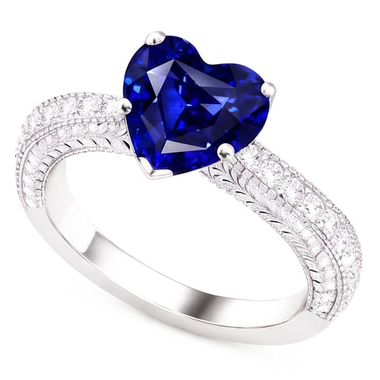 Vintage Style Natural Earth Mined Diamond ( Not Lab Grown ) Ring 4 Carats Blue Sapphire Heart Cut