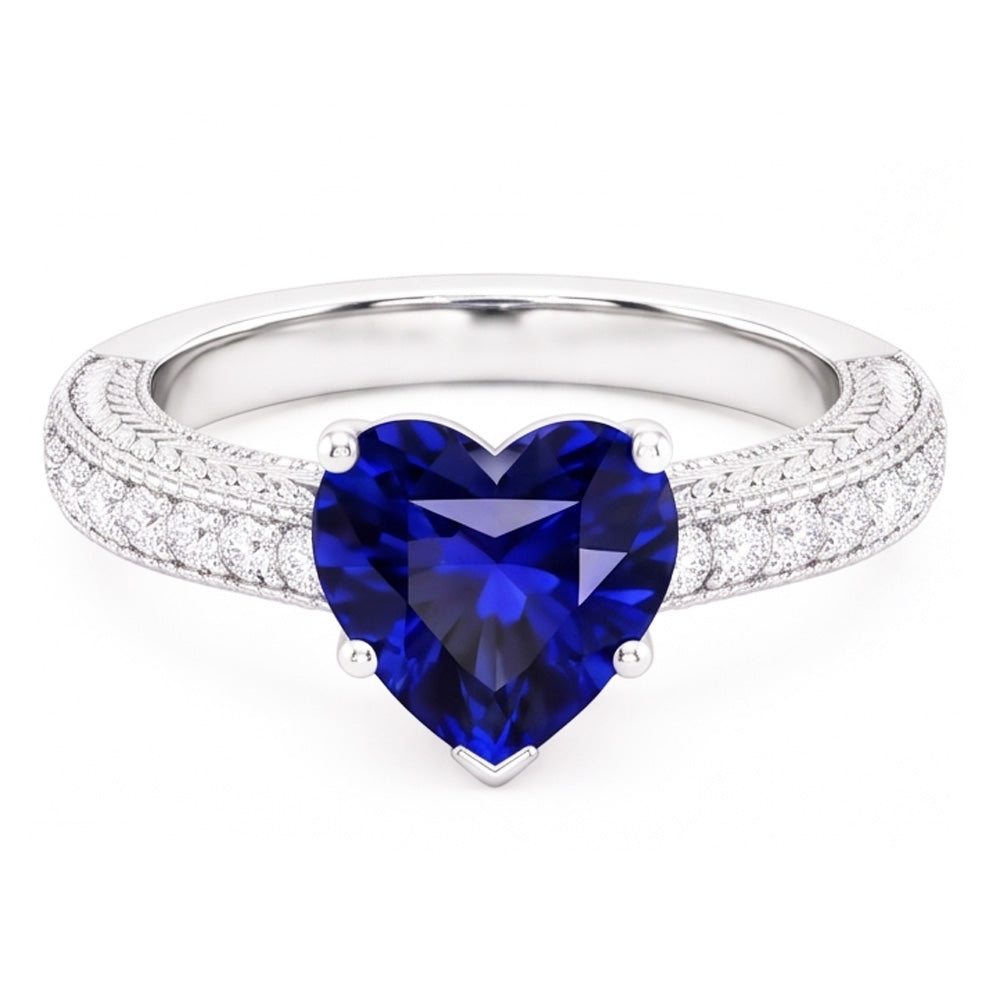 Vintage Style Natural Earth Mined Diamond ( Not Lab Grown ) Ring 4 Carats Blue Sapphire Heart Cut