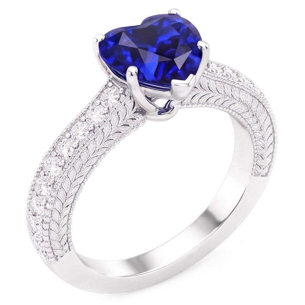 Vintage Style Natural Earth Mined Diamond ( Not Lab Grown ) Ring 4 Carats Blue Sapphire Heart Cut