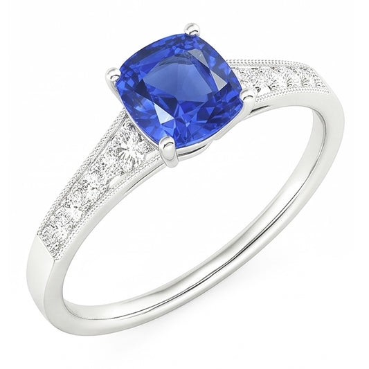 Vintage Style Natural Earth Mined Diamond ( Not Lab Grown ) Ring Cushion Ceylon Sapphire Jewelry 2.50 Carats