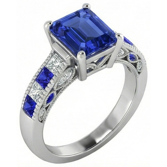 Vintage style Emerald Cut Ceylon Sapphire Natural Earth Mined Diamond ( Not Lab Grown ) Ring 11.50 Carats