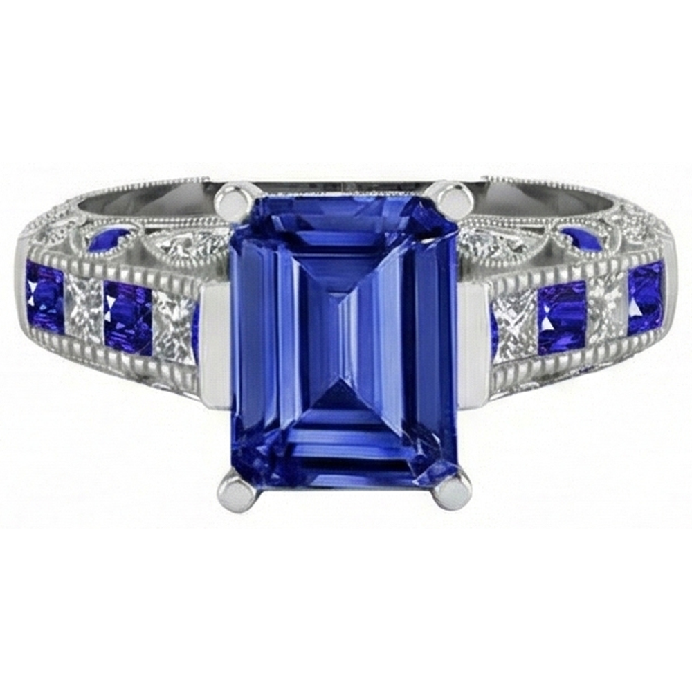 Vintage style Emerald Cut Ceylon Sapphire Natural Earth Mined Diamond ( Not Lab Grown ) Ring 11.50 Carats