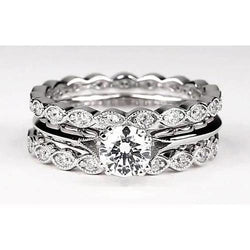 Vintage Look Round Real Natural Earth Mined Diamond Engagement Ring Set White Gold 14K 2 Carats