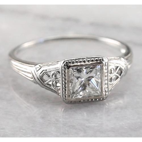 Vintage Style 1 Carat Solitaire Princess Real Diamond Ring 