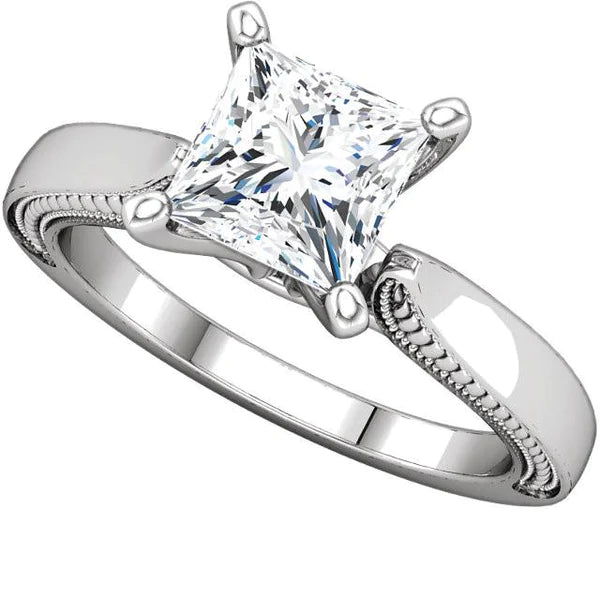 Vintage Style 2 Carat Princess Real Diamond Solitaire Ring White Gold 14K