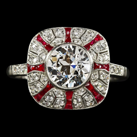 Vintage Style Halo Ring Real Old Cut Diamond Bezel Set & Rubies 5 Carats - Halo Ring-harrychadent.ca