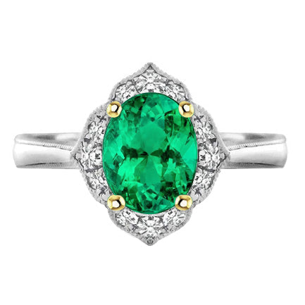 Colombian Emerald Oval Colored Stone Ring in 14 Karat Two Tone Gold – main view